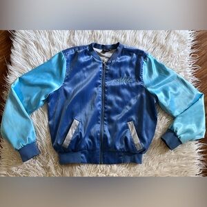 Disney LILO & Stitch Blue Embroidered Satin Varsity Bomber Jacket women’s size m
